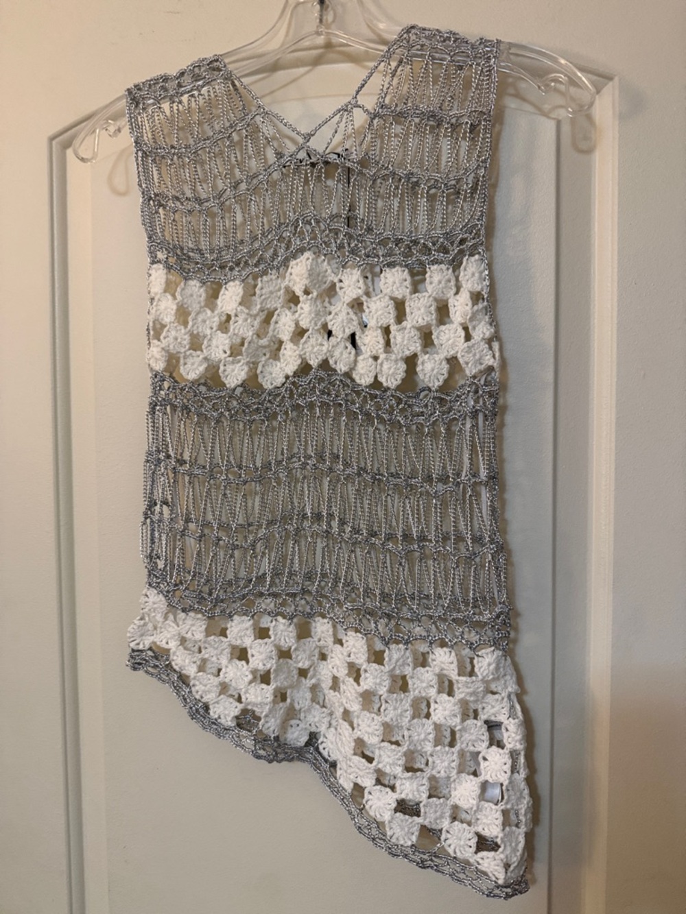 Zara Gray  Metallic Silver Chained and White Crochet Sleeveless Knit Top